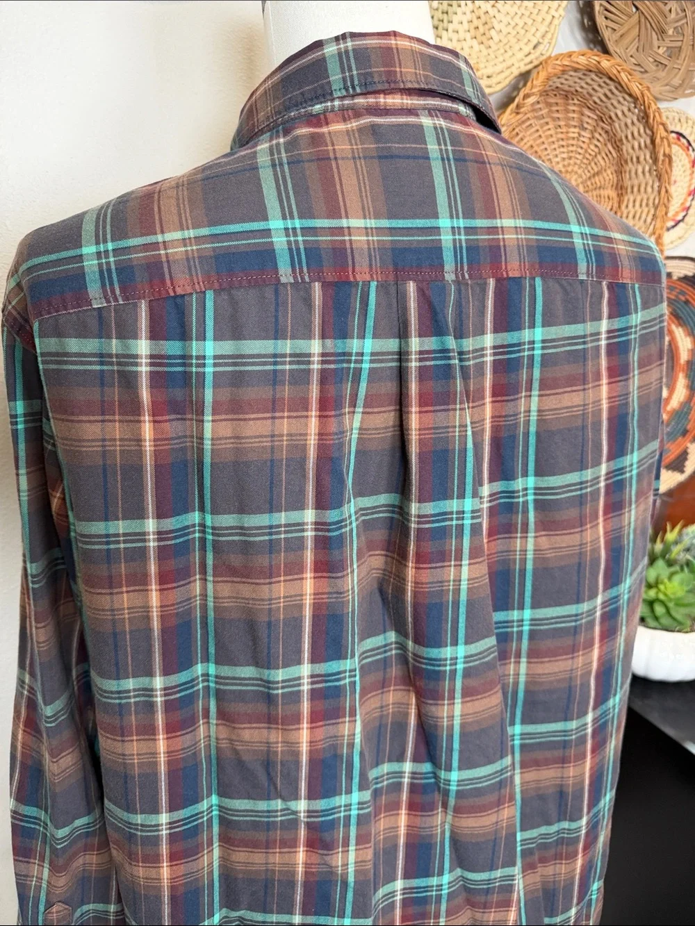 Mens The North Face Button Up Shirt Blue Brown Turquoise Plaid Size X-Large